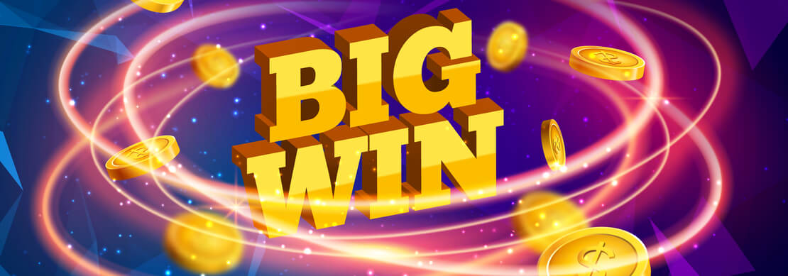 gold coins swirling in orbit around the words Big Win in large bold letters.  the background is blues, purples, and pinks