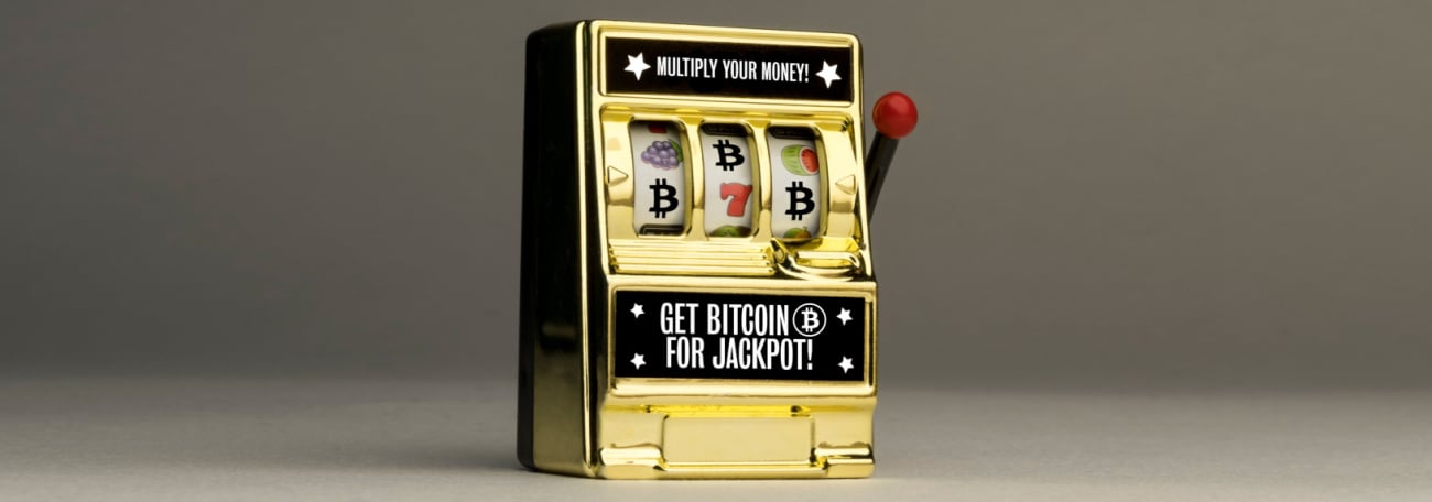 fanciful image of a mechanical slot machine with offer to win with bitcoin.