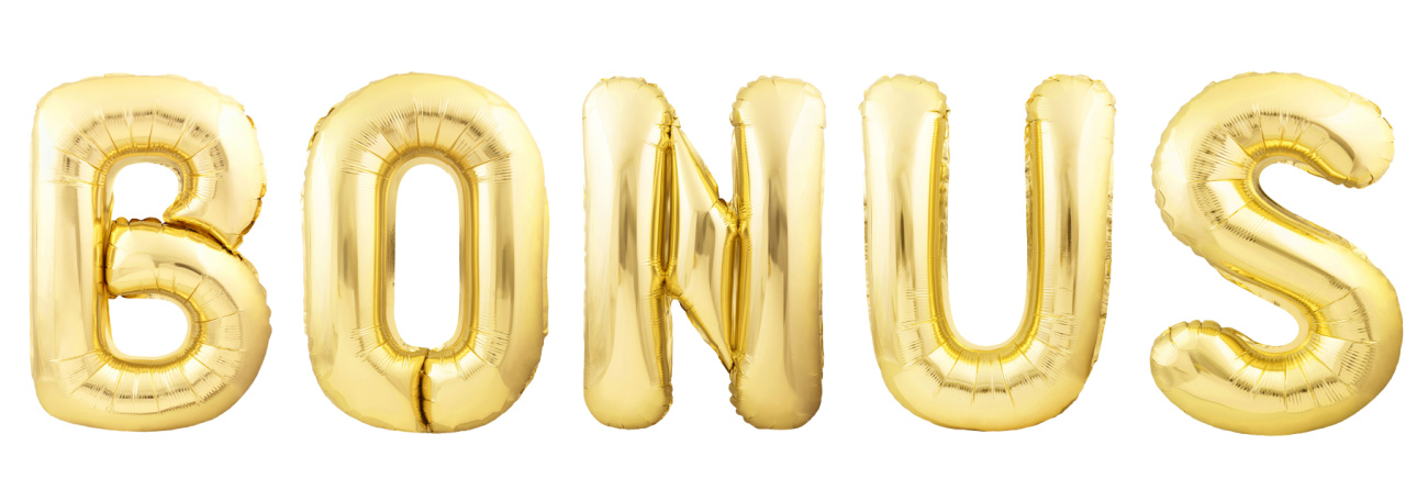 the word bonus in big gold letters made of blown-up balloons