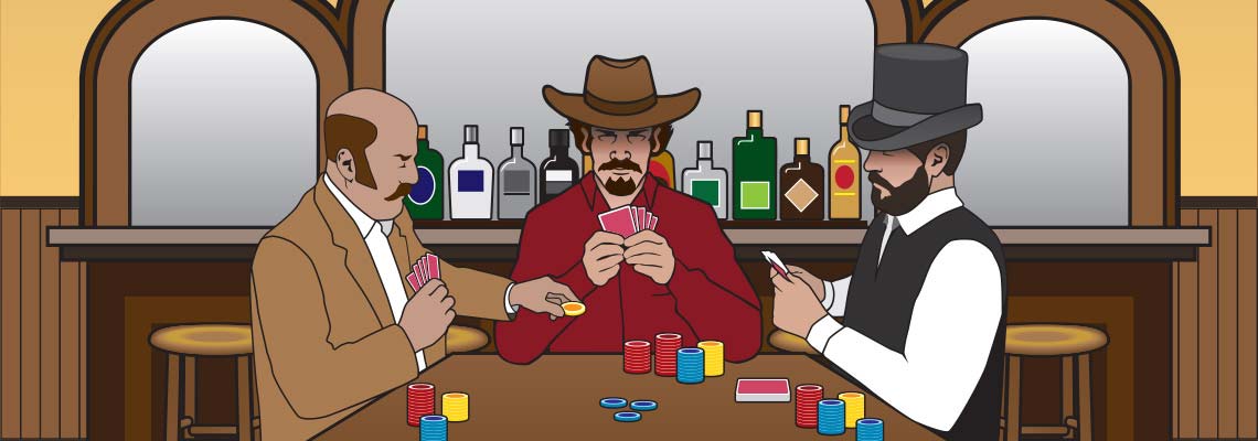 Three men playing poker in a saloon. One is wearing a cowboy hat, one is wearing a British top hat, and one is bald.