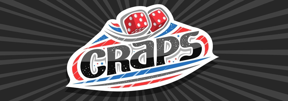 the word CRAPS in black surrounded by red and blue swirls and red dice with white dots above the word