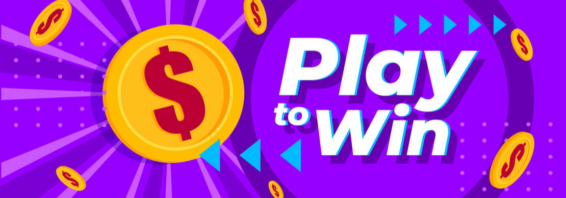 Play to Win in white letters on a purple background and gold coins with dollar signs floating around
