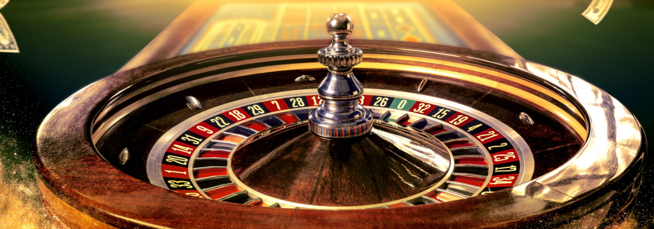 a beautiful carved wood roulette wheel with a bright gold light behind it and money floating around it