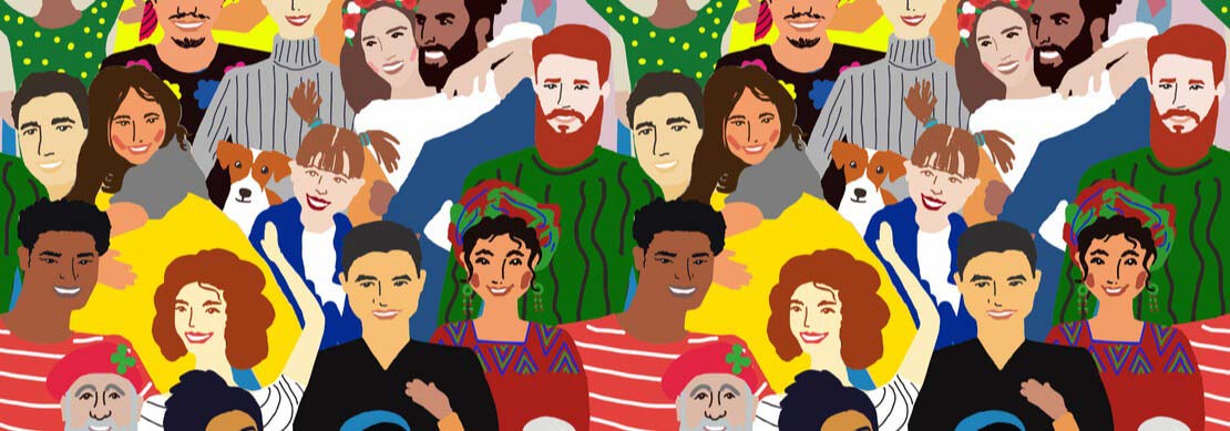 a drawing full of people of all different nationalities