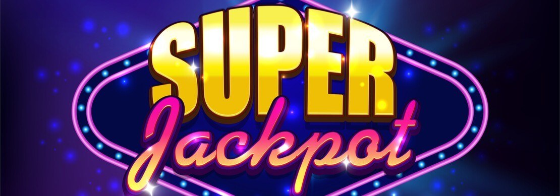 Super Jackpot lit up in lights on a purple background