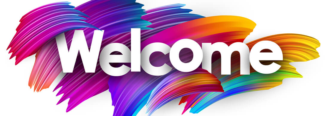 Welcome in white letters on a colorful background