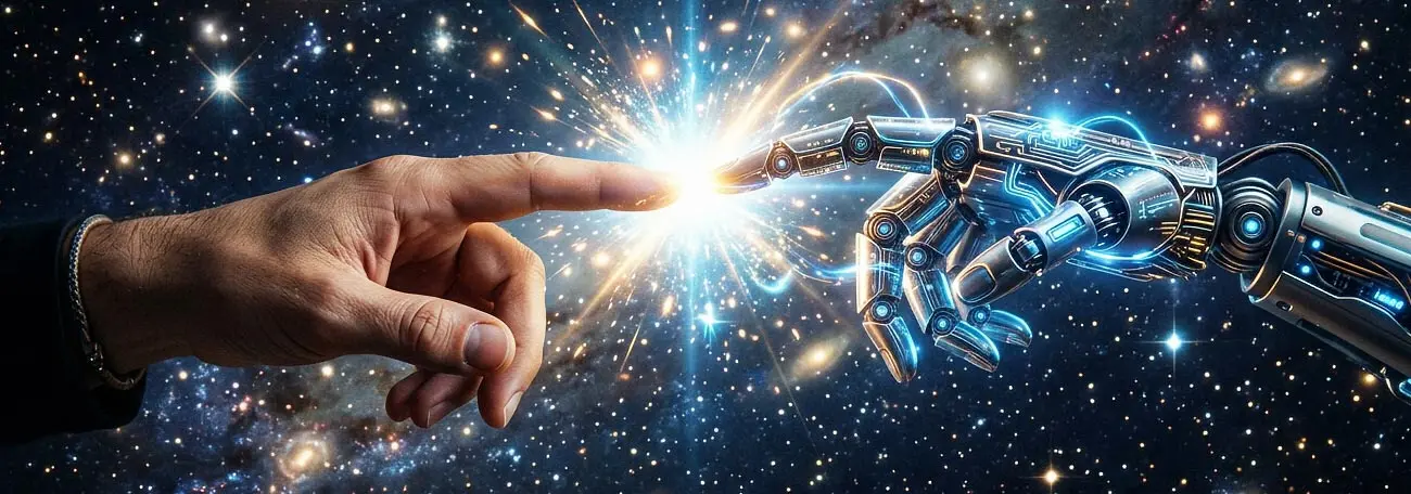 A human forefinger and an AI forefinger coming together.  At the point of contact there is light.  Stars shine in the background