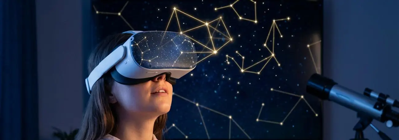 a young woman wearing a VR headset looking at a kind of sky with lines connecting the stars