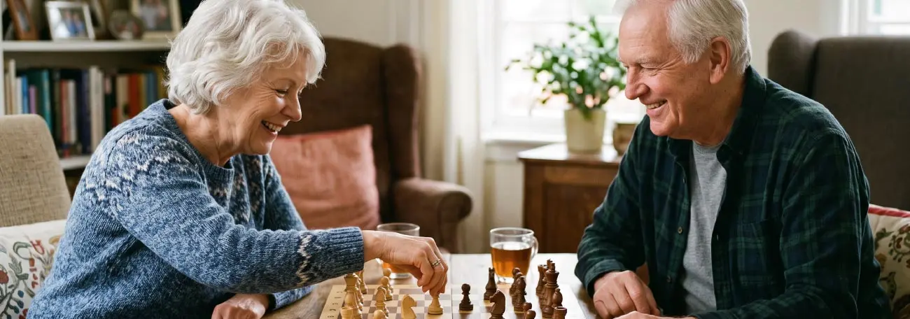 a white haired older couple happily engaged in a game of chess