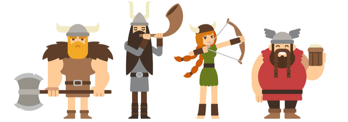 cartoon caricatures of four Norse gods. the men have full beards and the woman haS rich, red hair. They wear a horned headdress.