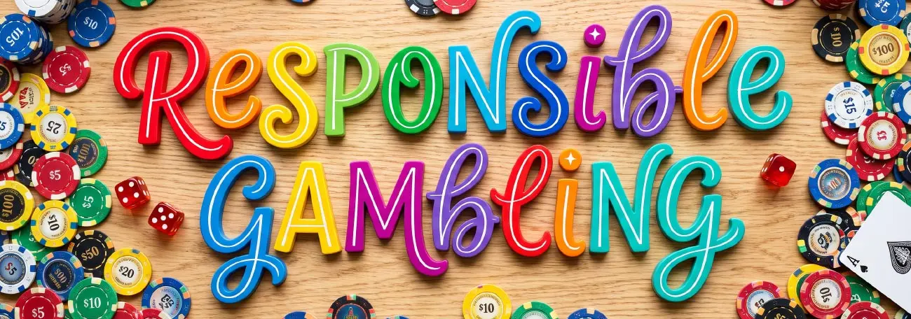 the words responsible gambling in many bright colors againsta light wood background with casino chips all around