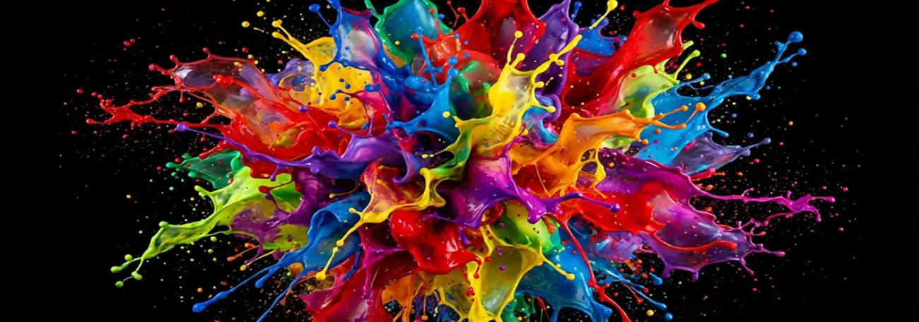 many colors of ink splashing on a canvas captured as they jump up off the canvas creating a kind of kaleidoscope of color