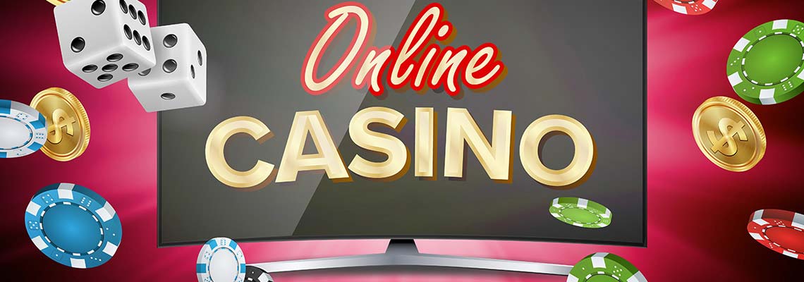the words online casino against a computer terminal with colorful casino chips floating all around.