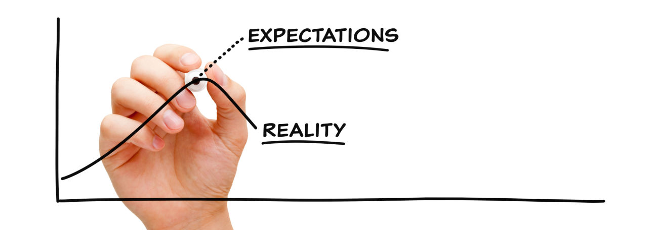 a whiteboard graph where expectations ascend with a dotted line for more good outcomes and reality as a descending line