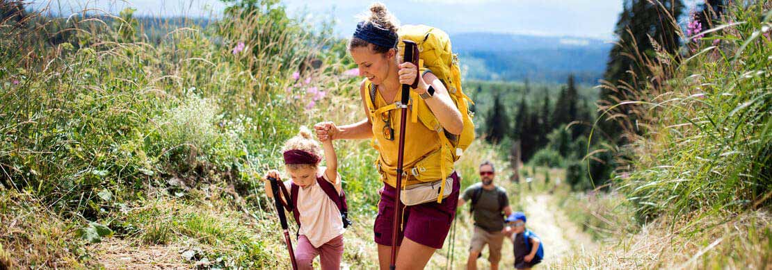 a family with two kids hiking in the mountains in the summer. Mom is helping the girl  and dad is helping the boy