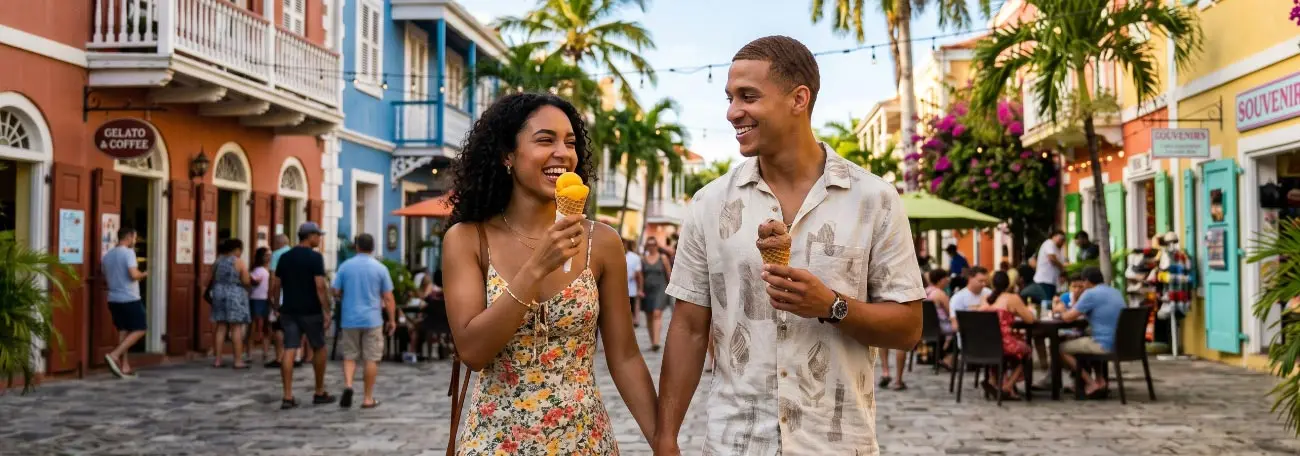 a young couple holding hands and enjoying ice cream on a Caribbean Island plaza