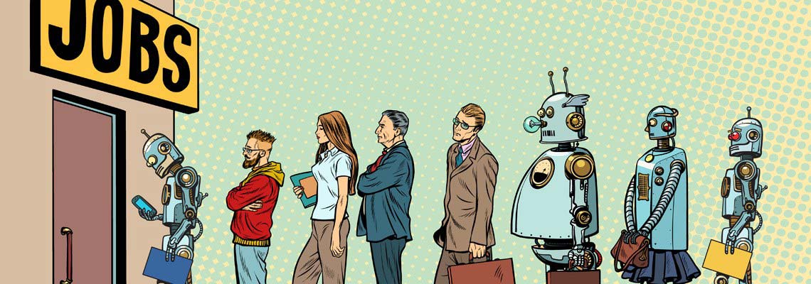 clever image at job interview line as robots stand in the line with men and women. one robot is wearing high heels.