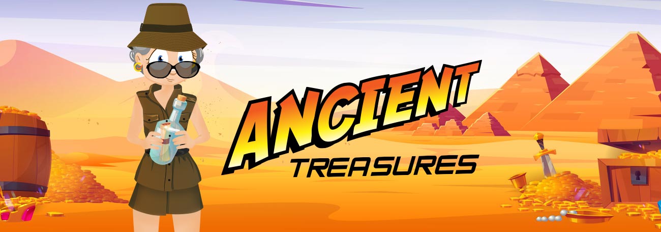 A cartoon grandmother dressed as an archaeologist stands in a desert with pyramids.