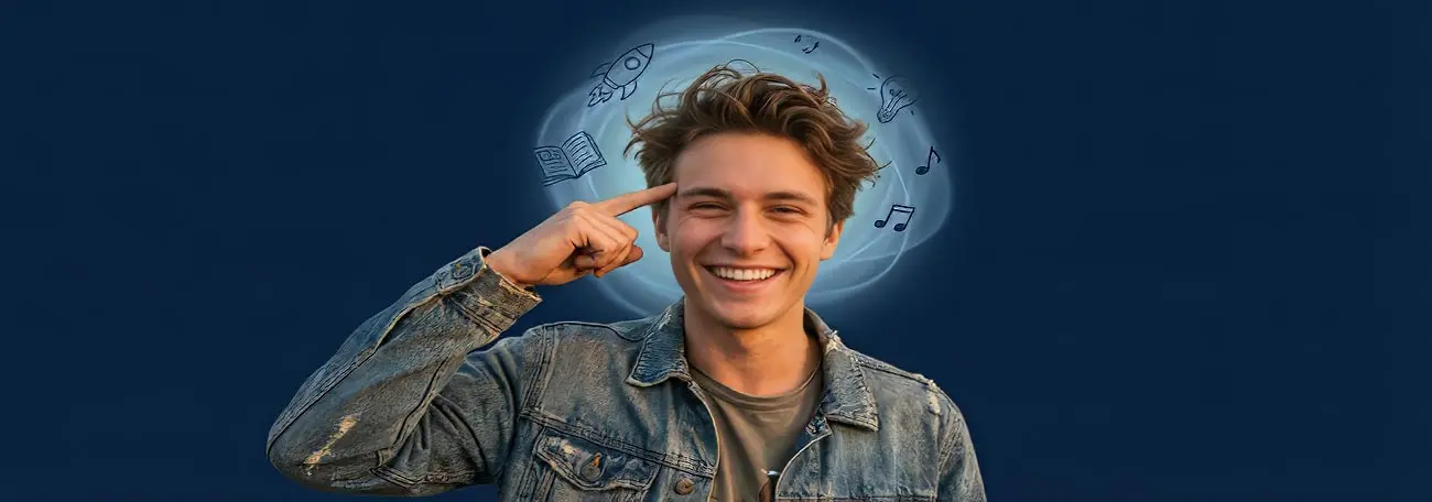 a young man in informal clothes smiling broadly as he points to his head indicating that he has a well developed imagination