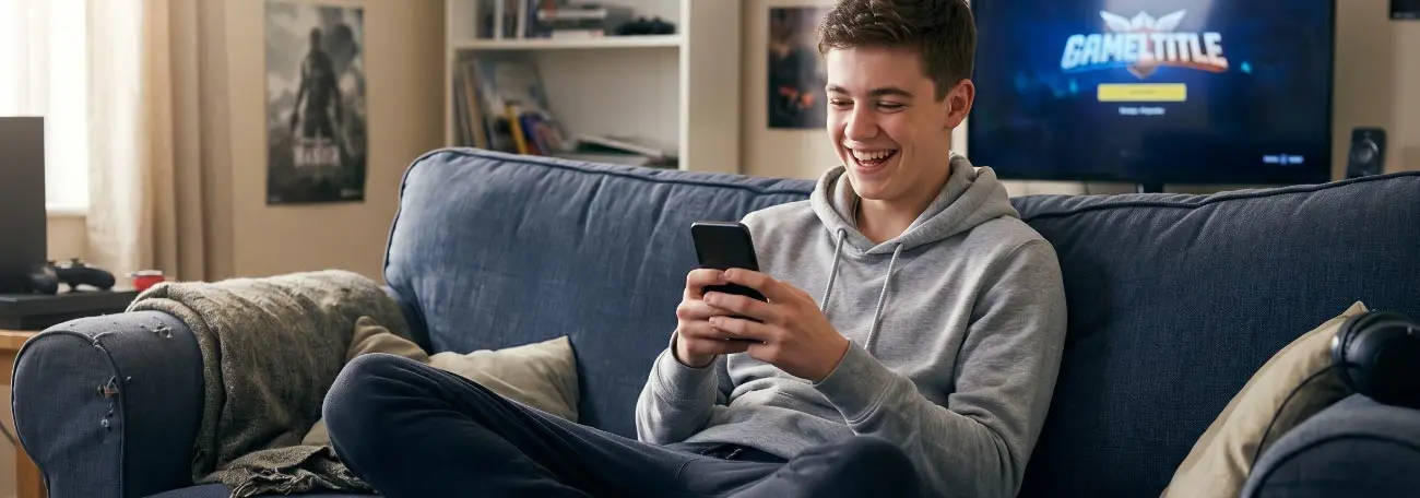 a young man playing online casino games on his mobile device while comfortably sitting and lieing on his sofa