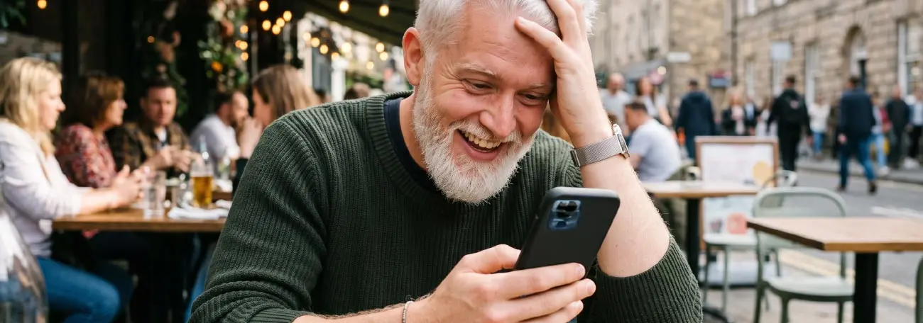 middle-aged man with white beard and white hair holding his head in amazement and smiling broadly as he looks at his phone