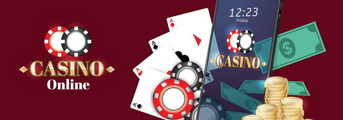 with a maroon background, a smartphone, the words casino online with cards and casino chips