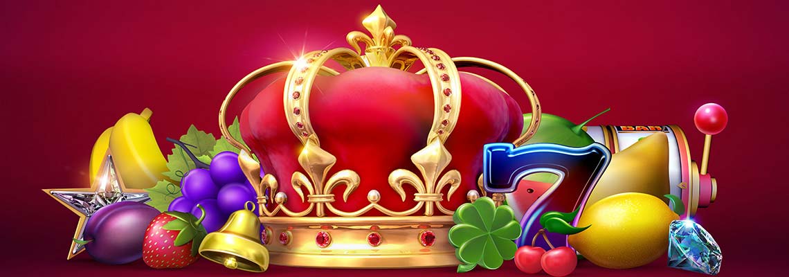A red and gold crown surrounded by fruit in many colors. There are also a number seven and an arm to hint at slots.