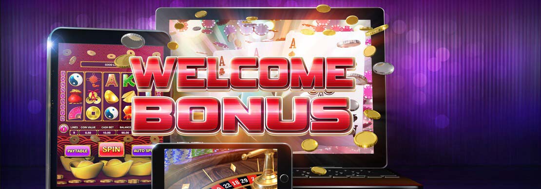 a large banner extolling an online casino welcome bonus. The image shows a smartphone, tablet, and laptop on a purple background