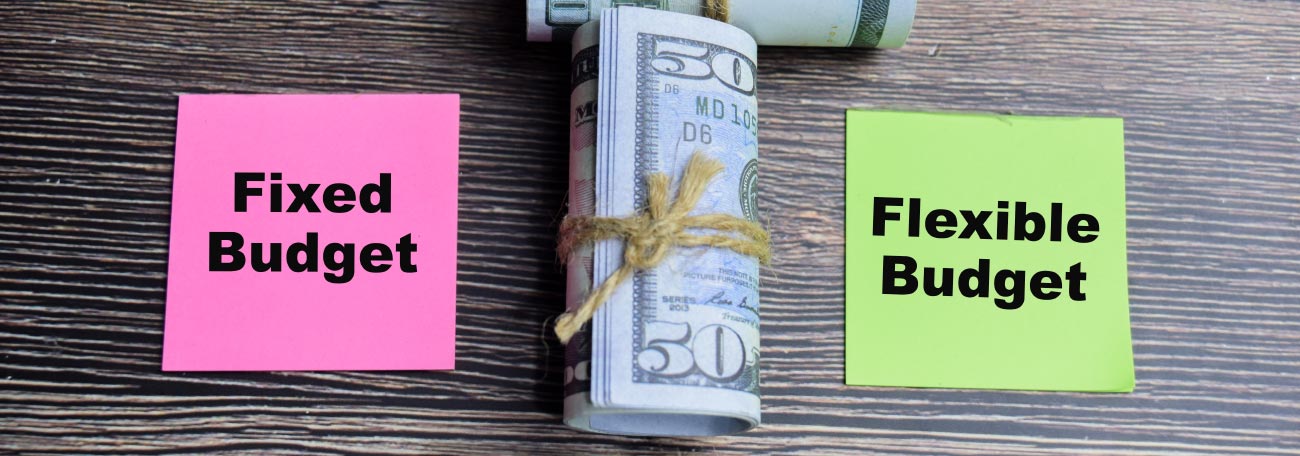 50 and 100 dollar bills wrapped between a pink sign that reads fixed budget and a green sign that reads flexible budget