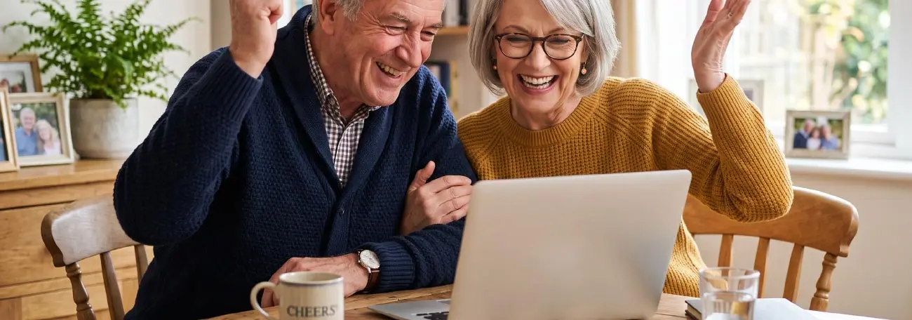 grey haired couple smiling and rejoicing upon seeing some good news on their laptop computer