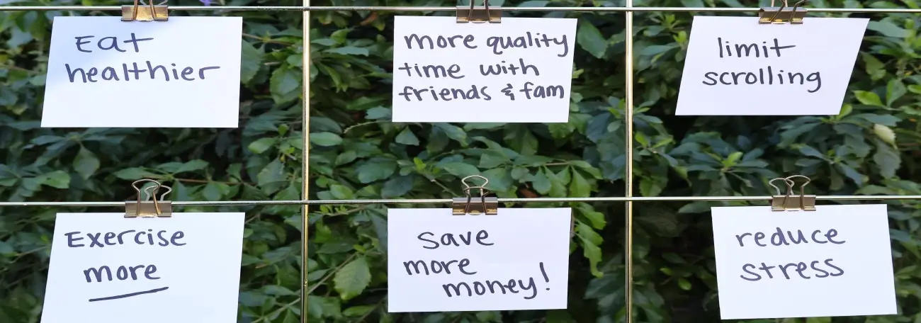 six new year's reolutions tacked up against a green vine