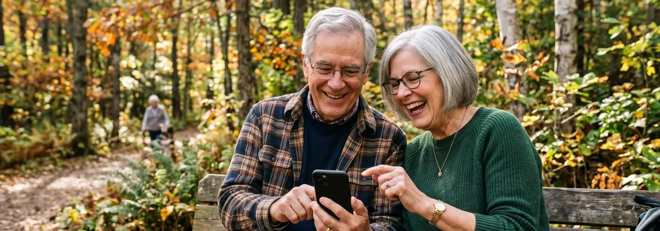 a happy senior couple enjoying playing games on their phone while out in the woods
