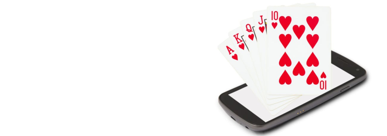 a Royal Flush in hearts emerging from a smartphone indicating playing at an online casino