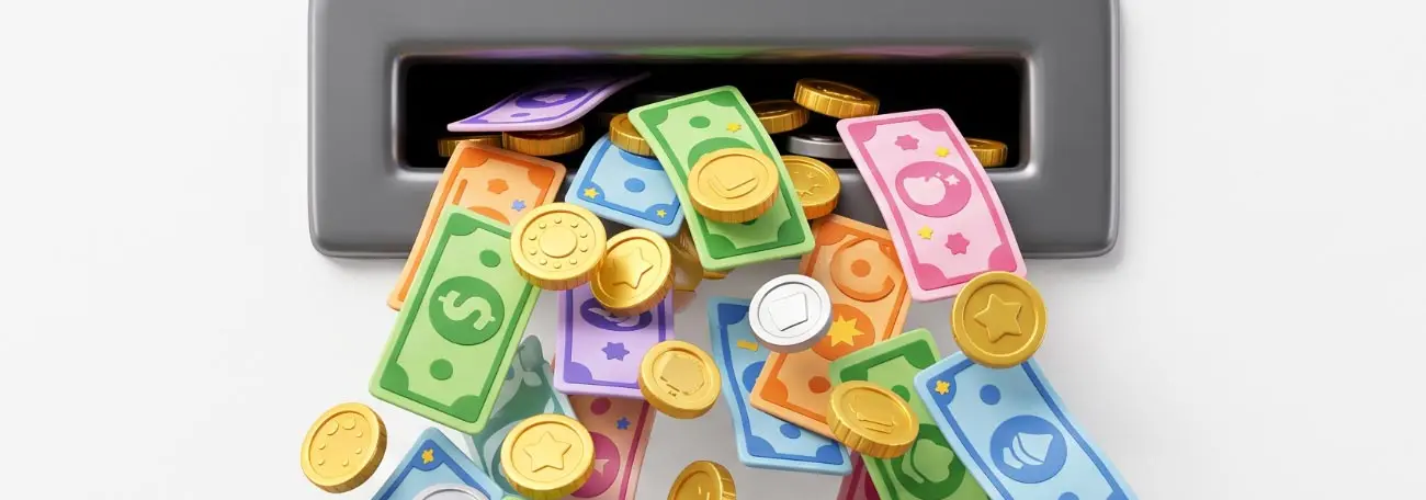 A slit with cash and coins pouring out