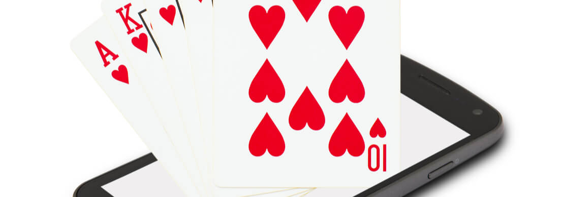 A Royal Flush in hearts emerging from a mobile device