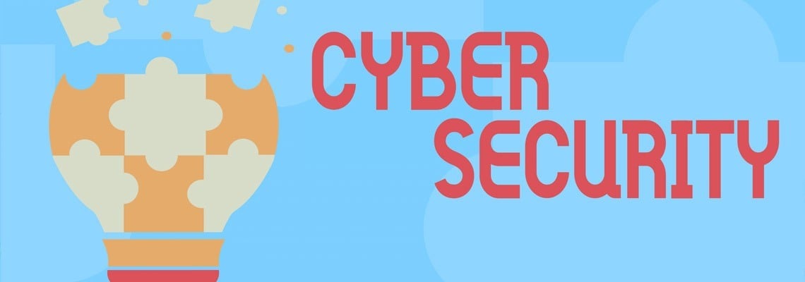the words cyber security in large red letters with a kind of light bulb in the bottom right corner of the image