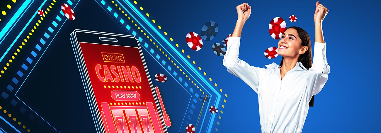 young woman in white shirt and dark slacks, big smile plays at online casino on smartphone with red screen and red chips around