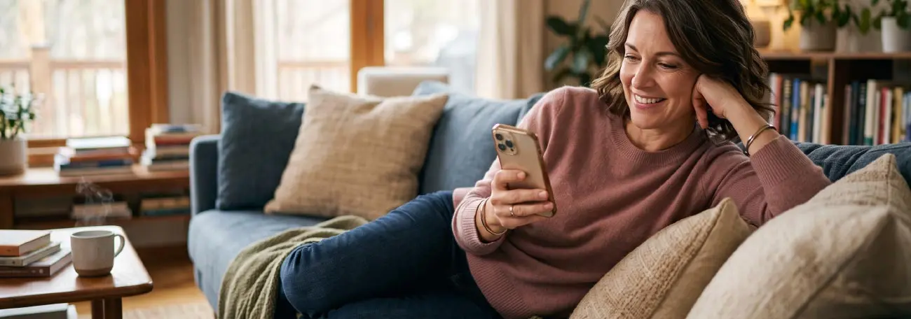 an attractive middle-aged woman enjoying online casino games while comfortably on the sofa