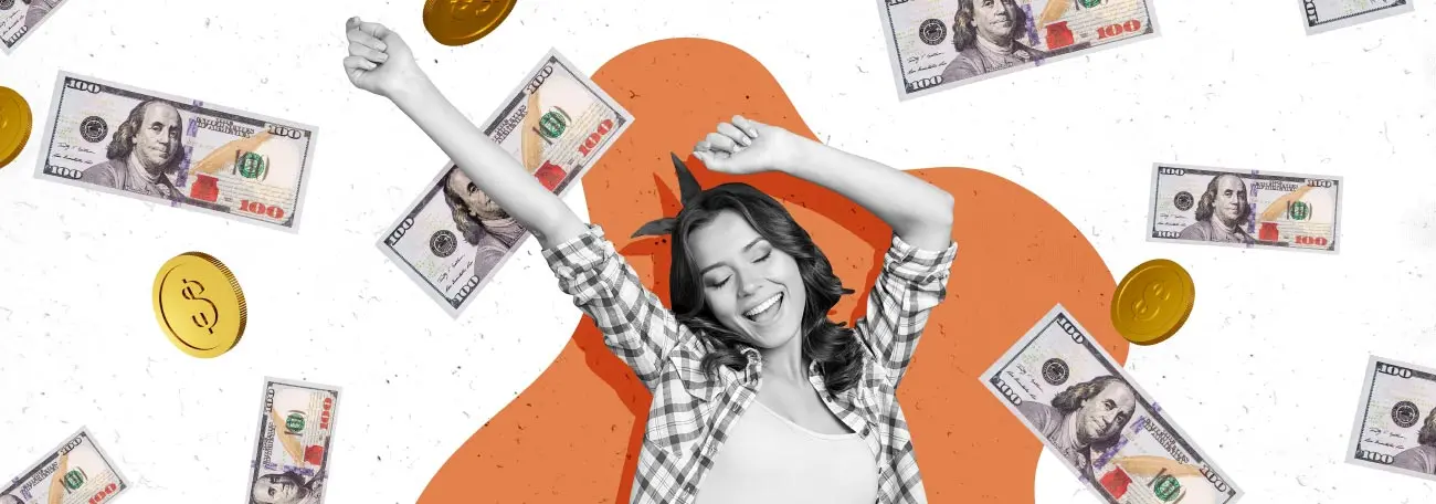 an attractive young woman dancing as she rejoices receiving a bonus with cash floating all around her