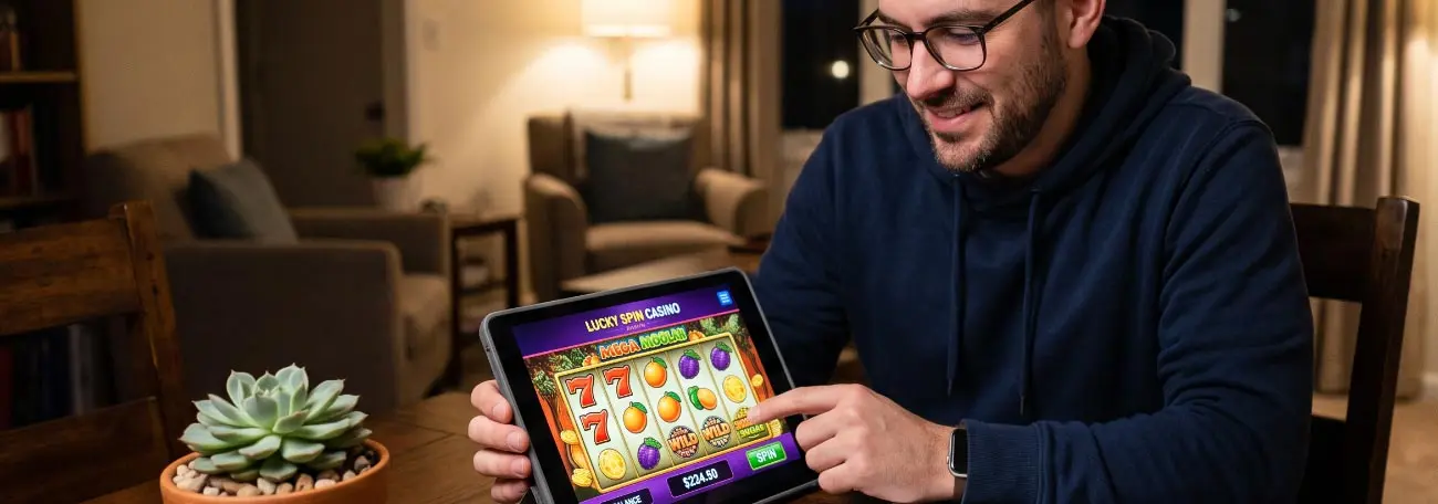 a man playing at an online casino on a tablet.  A note pad, cellphone, eyeglasses, and a plant are also on the table.