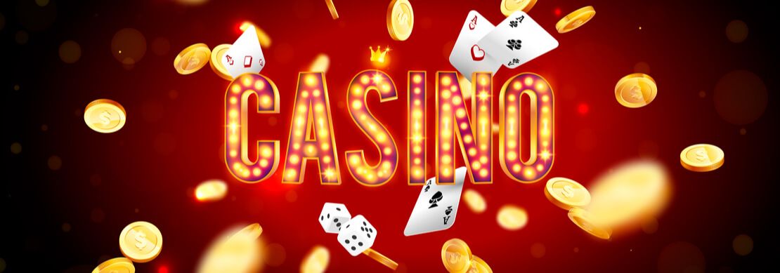 CASINO in luminous yellow gold and red against a neon gfold background with coins and chips floating all around