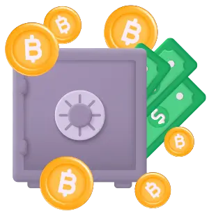 Bitcoin vault with digital coins and cash
