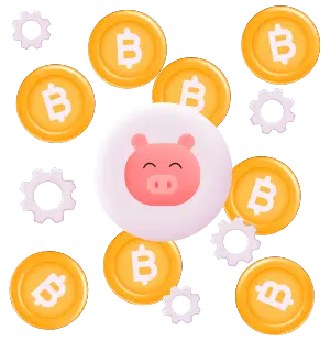 Smiling piggy bank surrounded by Bitcoin coins