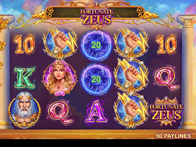 Fortunate Zeus online slot machine with Greek mythology theme, featuring Zeus, goddess symbols, lightning bonus, and Fortune Link feature on 50 paylines