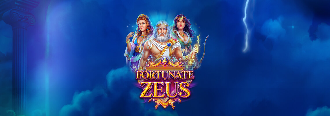 Fortunate Zeus slot game logo featuring Zeus and two Greek goddesses with lightning background