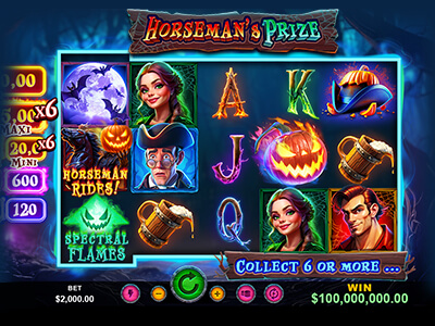 Horseman’s Prize slot game screen with spectral flames, pumpkins, and spooky characters