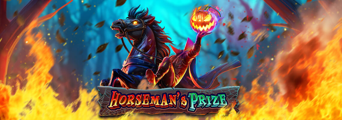 Headless Horseman holding a flaming pumpkin in Horseman’s Prize slot banner