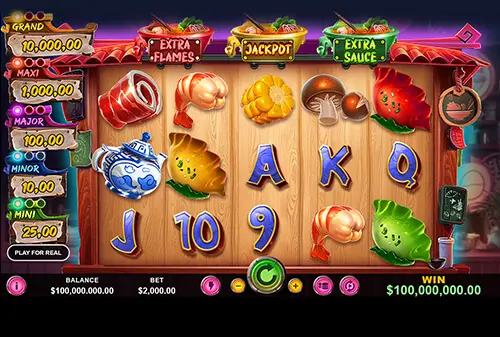 Hot Pots Master slot game screen showing reels with food symbols, jackpot tiers, and a $100 million win.