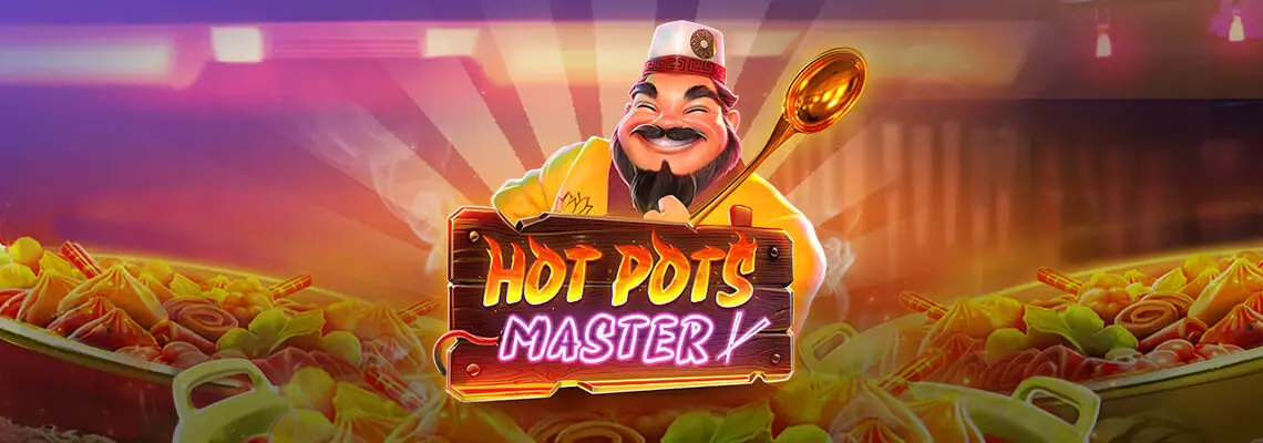 Hot Pots Master game banner featuring smiling chef with golden spoon and steaming hot pot dishes.