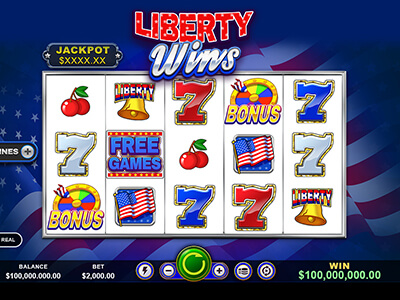 Liberty Wins slot machine game screen with reels showing sevens, cherries, liberty bells, and American flag symbols